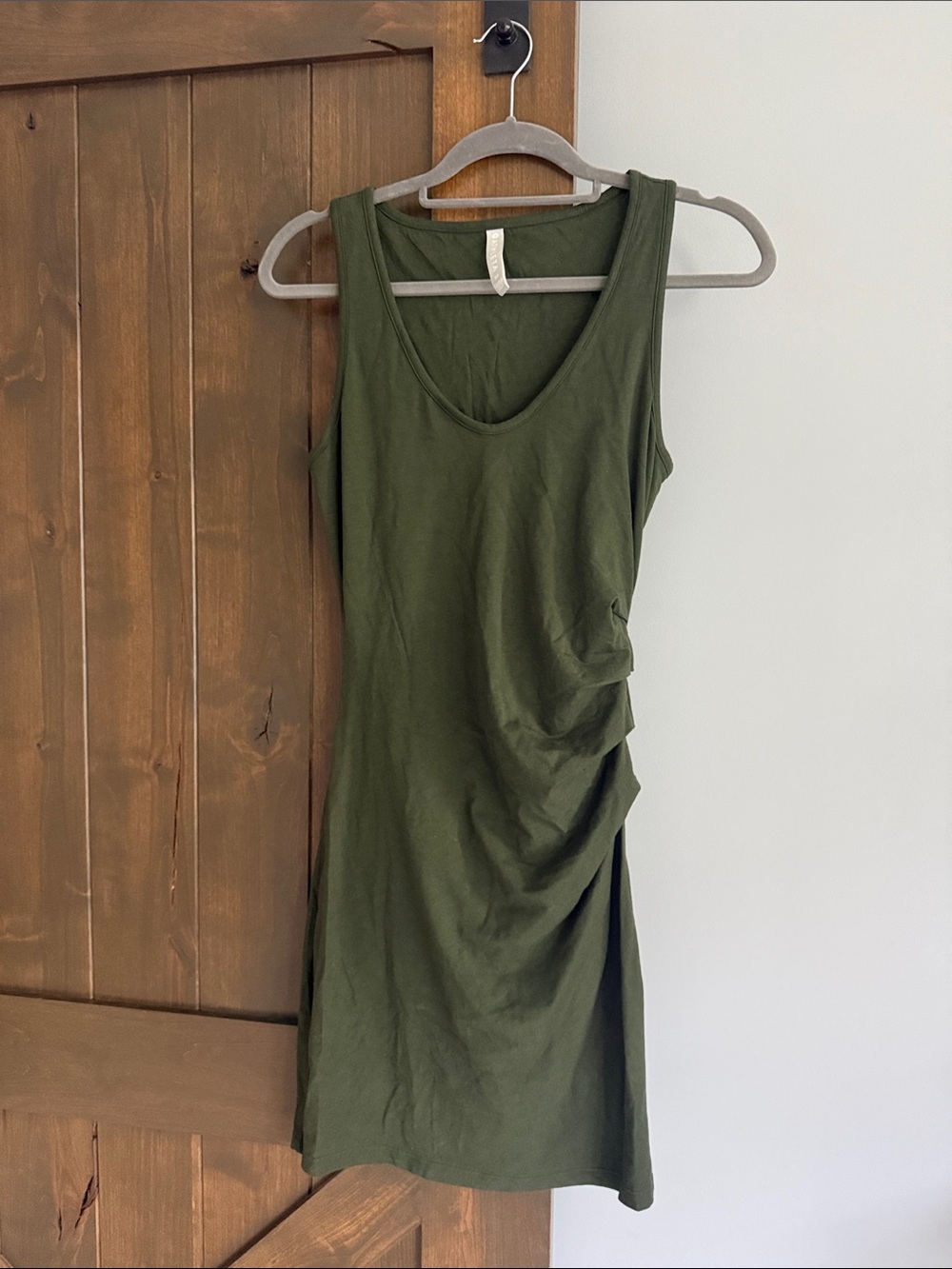 Athleta Olive Green Rushed Dress with Scoop Neck | Size Petite Small
